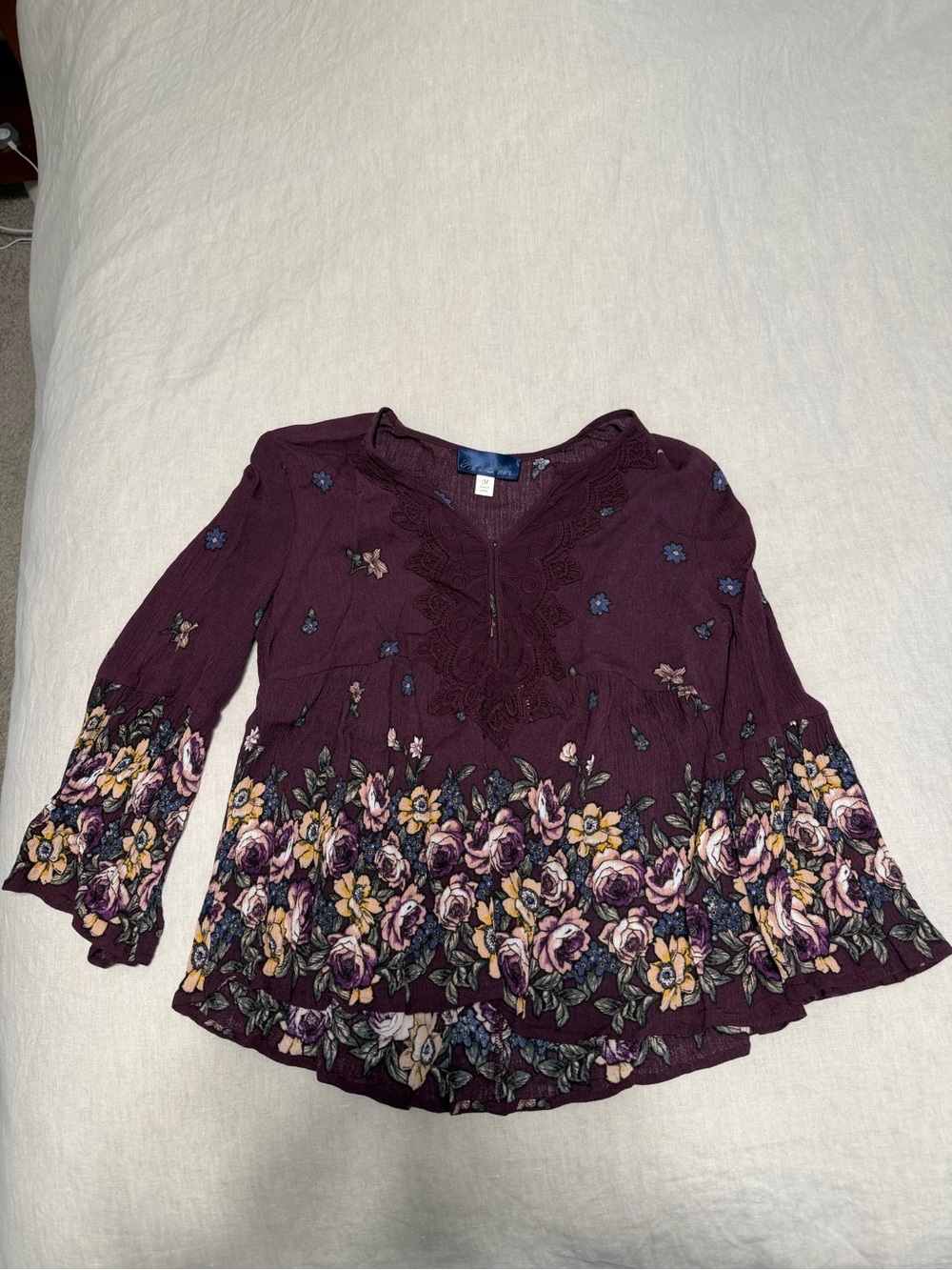 Plum Floral Embroidered Peasant Top